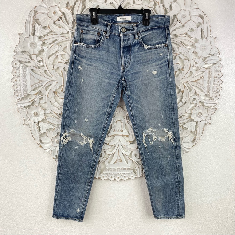 {Moussy} Wantage Distressed Mid-Rise Tapered Crop Jeans, Size 26